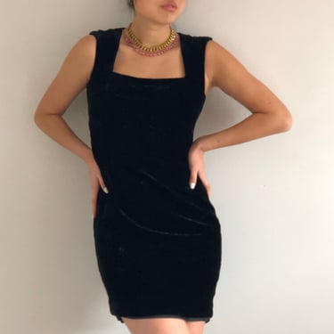 90s velvet dress / vintage black silk velvet square neck sleeveless wiggle mini cocktail LBD dress | Medium 