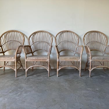 Vintage Coastal Palm Beach Style Cerused Rattan Balloon-Back Arm Dining Chairs - Set of 4 