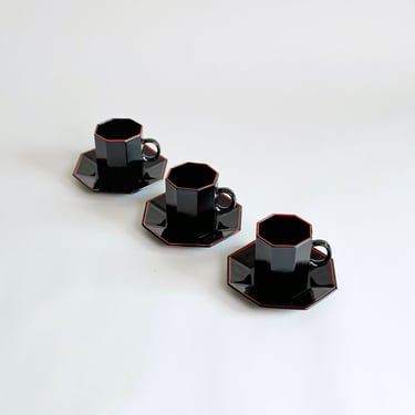 Arcoroc Espresso Cup & Saucers, Rare Black Glass with Red Trim, Set of 3, Made in France Vintage 1980's 