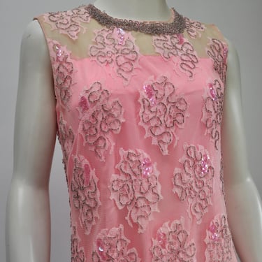 vintage 1960s mod pink lace mesh & beaded sleeveless shift dress XS/S 