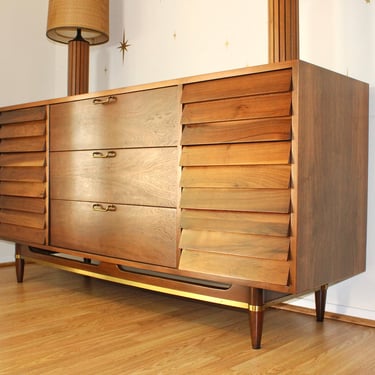 American Modernist Walnut Triple Dresser by Merton Gershun