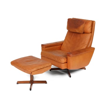 1960s Danish Leather Recliner Lounge Chair and Ottoman. Madsen and Schubell. MCM 