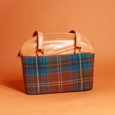 50s Plaid Wool Handle Purse Vintage Caramel Faux Leather Hand Bag 