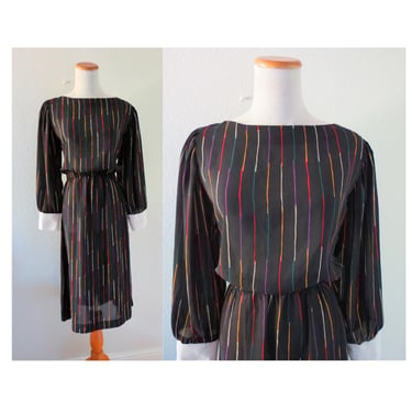 Vintage Rainbow Striped Dress - 80s Long Sleeve Black Multicolored Semi Sheer Secretary Office Dress - Size Medium Large 