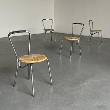 Set of 4 Modernist Dining Chairs in Chromed Steel and Woven Rope Seats, 1970s Italy 