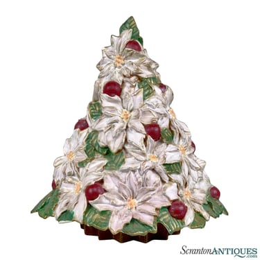 Vintage Ceramic Poinsettia Floral White Christmas Tree Sculpture 14"