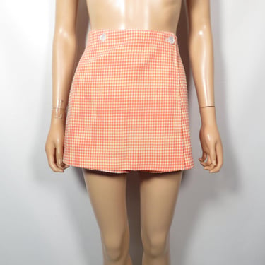 Vintage 90s Orange Sherbet Gingham Plaid Mini Skort Made In USA Size 28 Waist 