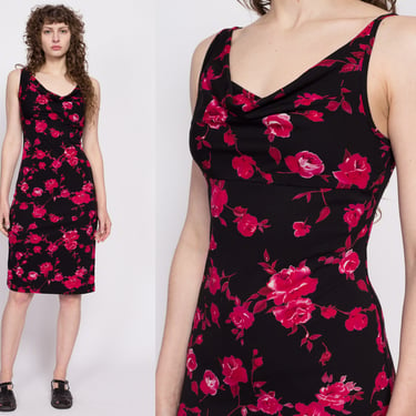 90s Black Rose Floral Cowl Neck Dress - Small to Medium | Vintage Slinky Sleeveless Midi Party Dress 