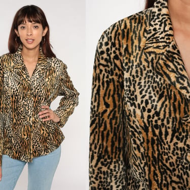 Animal Print Jacket 90s Faux Fur Coat Button up Blazer Cheetah Leopard Tiger Stripe Boho Cocktail Party Furry Fuzzy Vintage 1990s Large L 