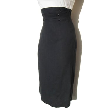 Vintage 50s Black Pencil Skirt High Waisted Button Trim S XS 