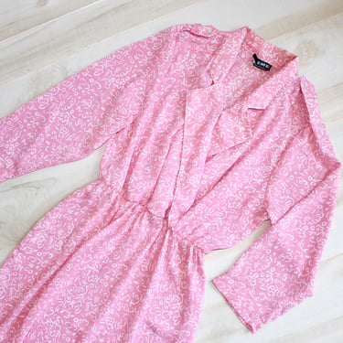 Vintage 80s Pink Shirtdress, 1980s Secretary Dress, Abstract, Notch Collar, Floral, Day Dress 
