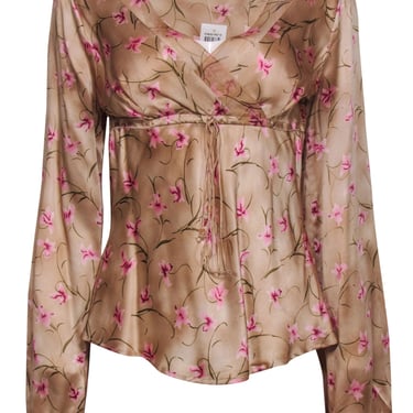 Plenty by Tracy Reese - Rose Gold Silk Satin Floral Tie-Front Blouse Sz 10
