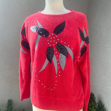 Vintage preppy pullover red sweater Faux leather beads accents Sz M/L Karamiz 