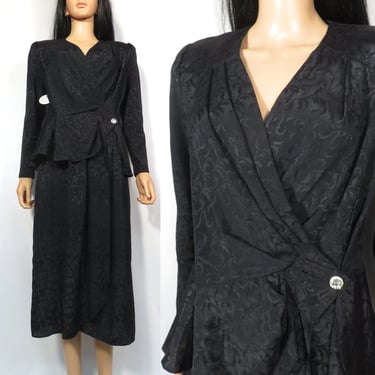 Vintage 80s Black Filigree Print Wrap Dress Union Label Made In USA Size L 