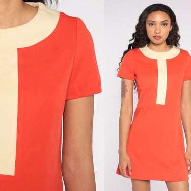 60s Mini Dress Orange Mod Dress Space Age Shift Dress Wool 1960s Gogo Vintage 70s Twiggy Go Go Short Sleeve Retro MiniDress Extra Small XS 