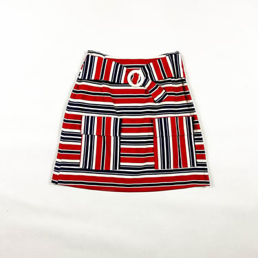 1960s Red White and Blue Striped Mod Mini Skirt / Matching Belt / Patch Pockets / Twiggy / Carnaby / Go Go /  70s / Futuristic / 