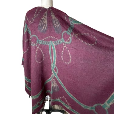 Vintage Poncho Nevada Wrap - Made in Italy Burgundy and Green Equestrian Horse Bit Acrylic Fringe Shaw Reversible 