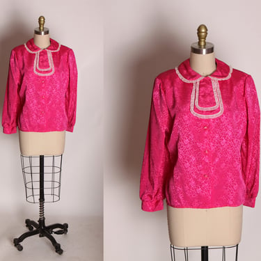 1960s Pink Swirl and White Lace Trim Peter Pan Collar Pussybow Long Sleeve Blouse -L 