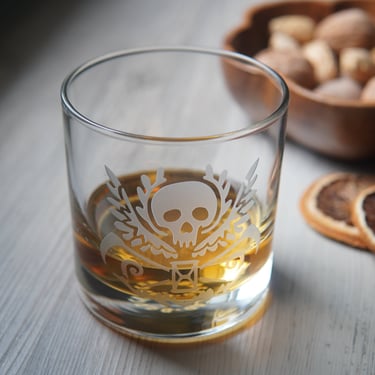 Skull Lowball Glass - etched winged death symbol 