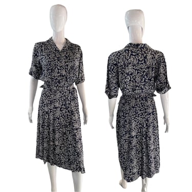 1940's Navy and White Floral Rayon Day Dress Size