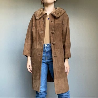 Vintage Women’s 50s Daytons Brown Leather Real Fur Collar Mid Length Coat Sz M 