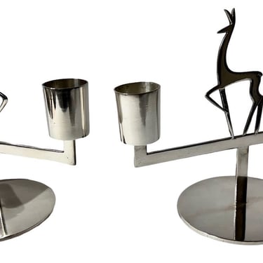 Karl Hagenauer Pair of Modernist Art Deco Silvered Bronze Candlesticks