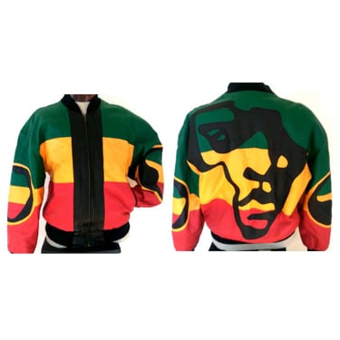 VINTAGE Michael HOBAN green yellow red AFRICA Leather Jacket Coat African Ethiopian colors jacket black panther bomber men's women's xl 