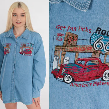 Route 66 Shirt 90s Denim Button Up Embroidered Blue Jean Top USA Tourist Road Trip Get Your Kicks Retro Long Sleeve Vintage 1990s Mens Large 