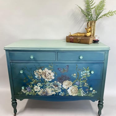 Beautiful blue ombre floral dresser, dark blue dresser, navy floral entryway table, refurbished furniture, shabby chic dresser, vanity desk 