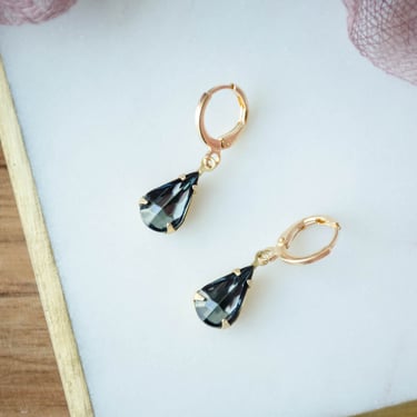 black diamond earrings, teardrop earrings, bridal bridesmaid wedding jewelry, Regency Art Deco huggie hoop drop earrings, gift for her 