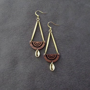 Cowrie shell and wooden mid century modern earrings 2 