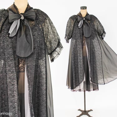 1950s Black Peignoir Set | 50s Black Lace Peignoir | Amourelle | Large 