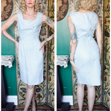 1950s Dress // Floral Blue Irish Linen Dress // vintage 50s dress 