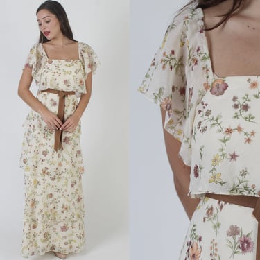 Long Tiered Garden Floral Bridesmaids Gown, Vintage 70s Layered Romantic Maxi Dress, Elastic Shoulder Flower Print Sundress 