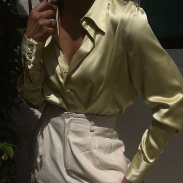 vintage 90s liquid silk charmeuse elegant pale green sleek blouse 