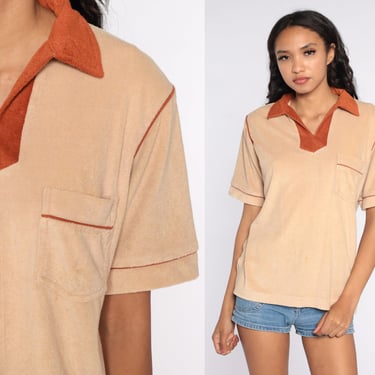 70s Terry Cloth Shirt 1970s Tan Shirt Retro Polo TShirt Vintage Boho Shirt Short Sleeve Collared Shirt Large L 