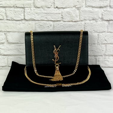 Saint Laurent Kate Medium Tassel YSL Wallet on Chain in Grained Leather, Black/Gold