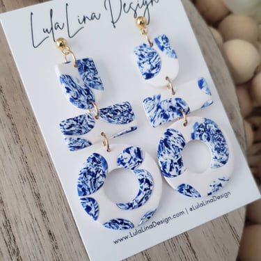 Liberty | Polymer Clay Blue and White Dangle Earrings