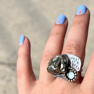 Help I'm a Rock Pyrite Cocktail Art Sculpture Ring Sterling Silver and 14k Goldfill and Opal Ring 