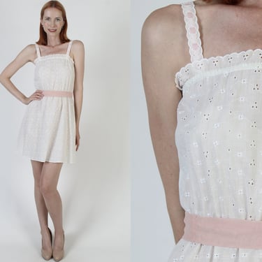 Plain White Embroidered Eyelet Mini Dress / Solid Color Tank Sleeves / Vintage 70s See Through Casual Fun Mini Sundress 