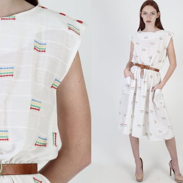 White Summer Rainbow Print Checker Dress With Pockets 