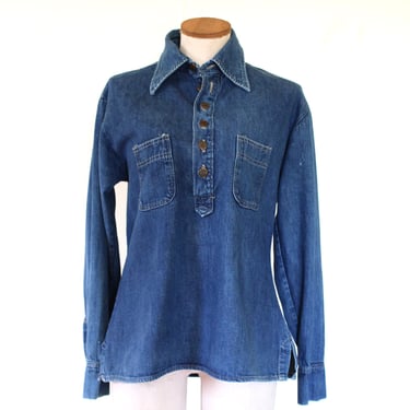 1970s Denim Henley Long Sleeve Collared Shirt with Pockets - Large 