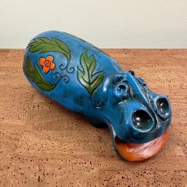 Vintage Retro Hippo Coin Bank - Blue with Flowers and Leaves 