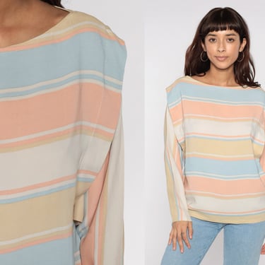 Pastel Striped Shirt 80s Dolman Sleeve Blouse Cream Tan Blue Pink Stripes Long Sleeve Shirt Retro Vintage 1980s Layered Top Pullover Small S 