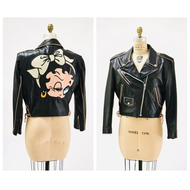 Vintage Black Leather Motorcycle Jacket Betty Boop by Montana Streetwear// 90s 80s Black Leather Biker Jacket Betty Boop Comic MEDIUM LARGE 