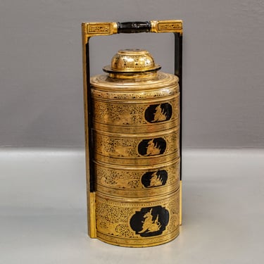 Vintage Burmese Gold &amp; Black Lacquer Tiffin