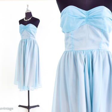 1950s Robins Egg Blue Nylon Prom Dress | 50s Blue Strapless Evening Dress | Small 