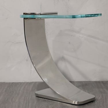Pace Style Cantilevered Side Table in Polished Steel with Glass Top