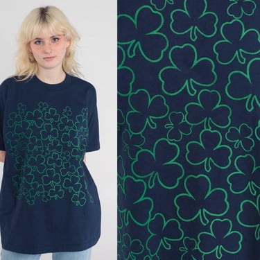 90s Clover T Shirt Navy Blue Tee Graphic Irish Clover Single Stitch Short Sleeve TShirt Vintage Fruit of the loom Extra Large xl 