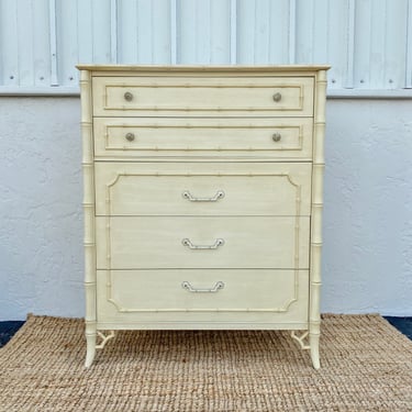Vintage Faux Bamboo Tallboy Dresser by Dixie - Creamy White Chest of 5 Drawers Hollywood Regency Fretwork Coastal Chinoiserie Furniture 